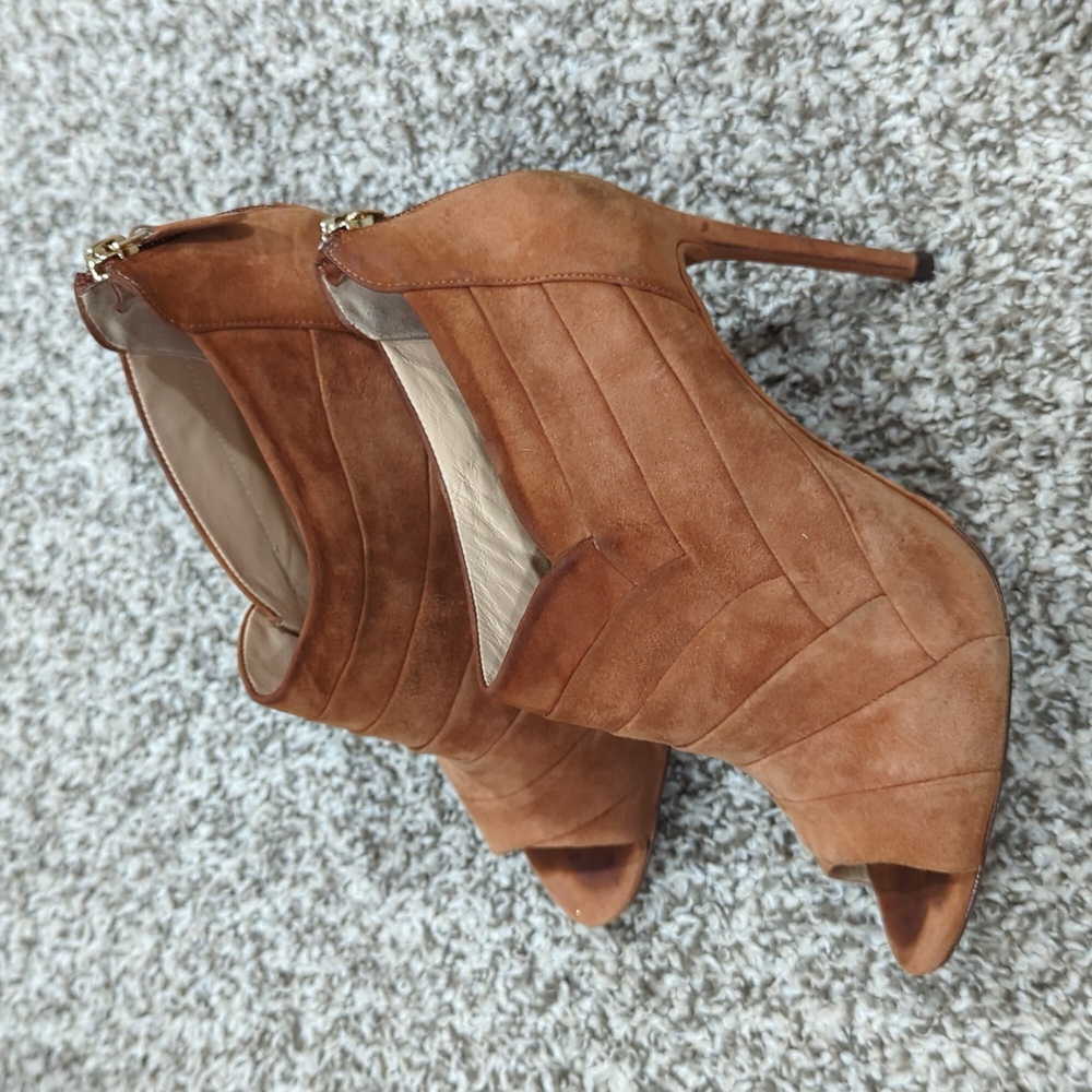 Alexandre Birman 37 1/2 Camel Suede 4" Peep-Toe Heels with Zipper
